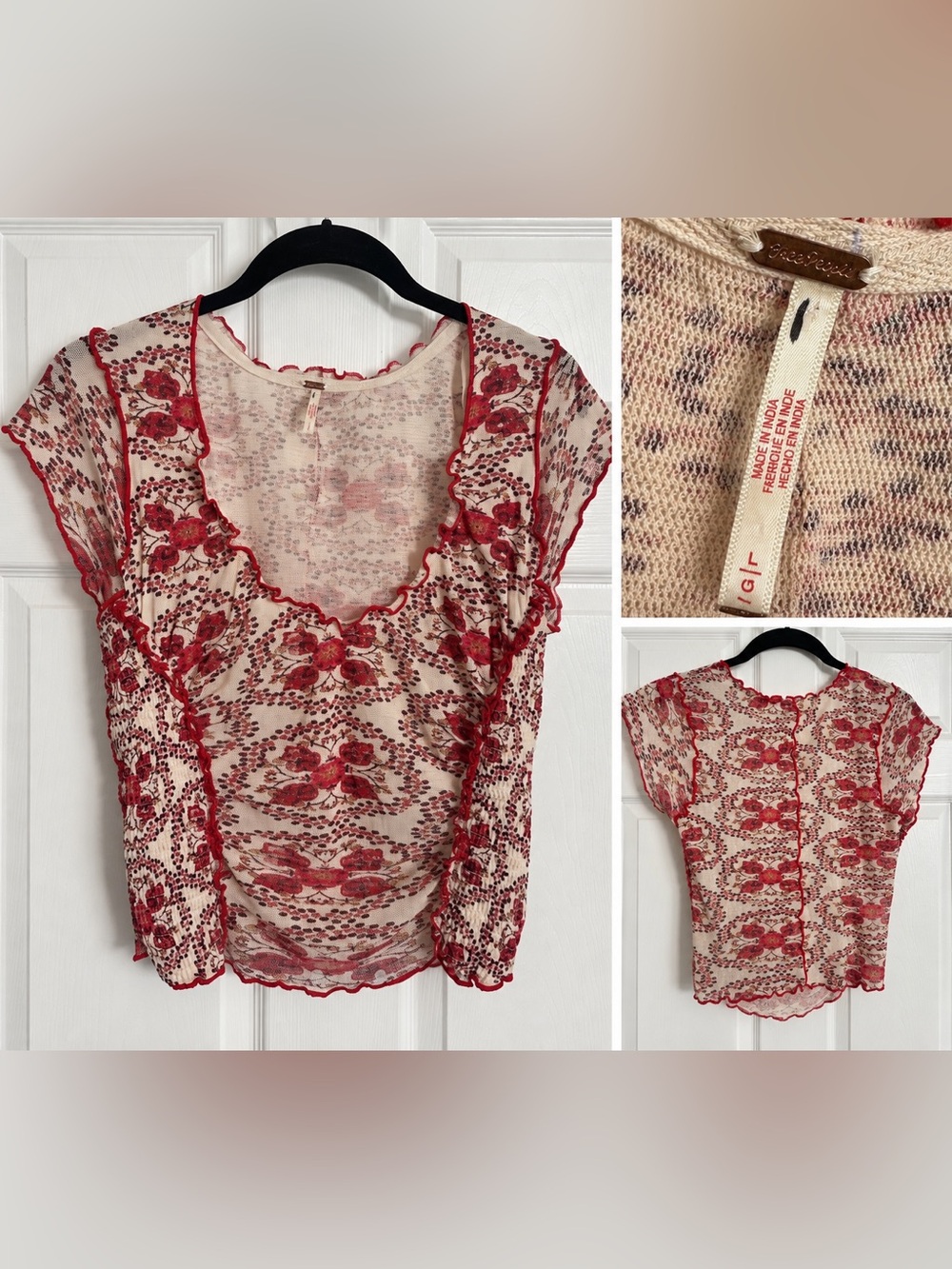 Free People Red Floral Sheer Ruffle Mesh Blouse Size L